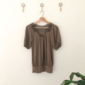 ROBIN K tan floral top eyelet lace shirt small